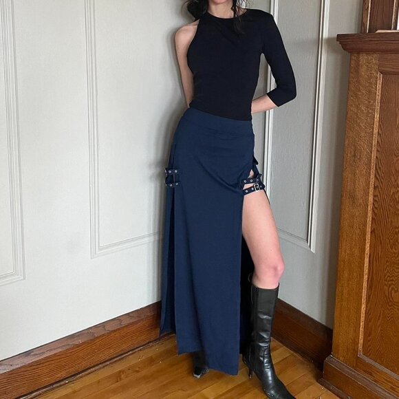 ✨ Halara High Waisted Decorative Buckle Split 2-in-1 Maxi Casual Skirt XL NAvy✨ - Picture 1 of 5